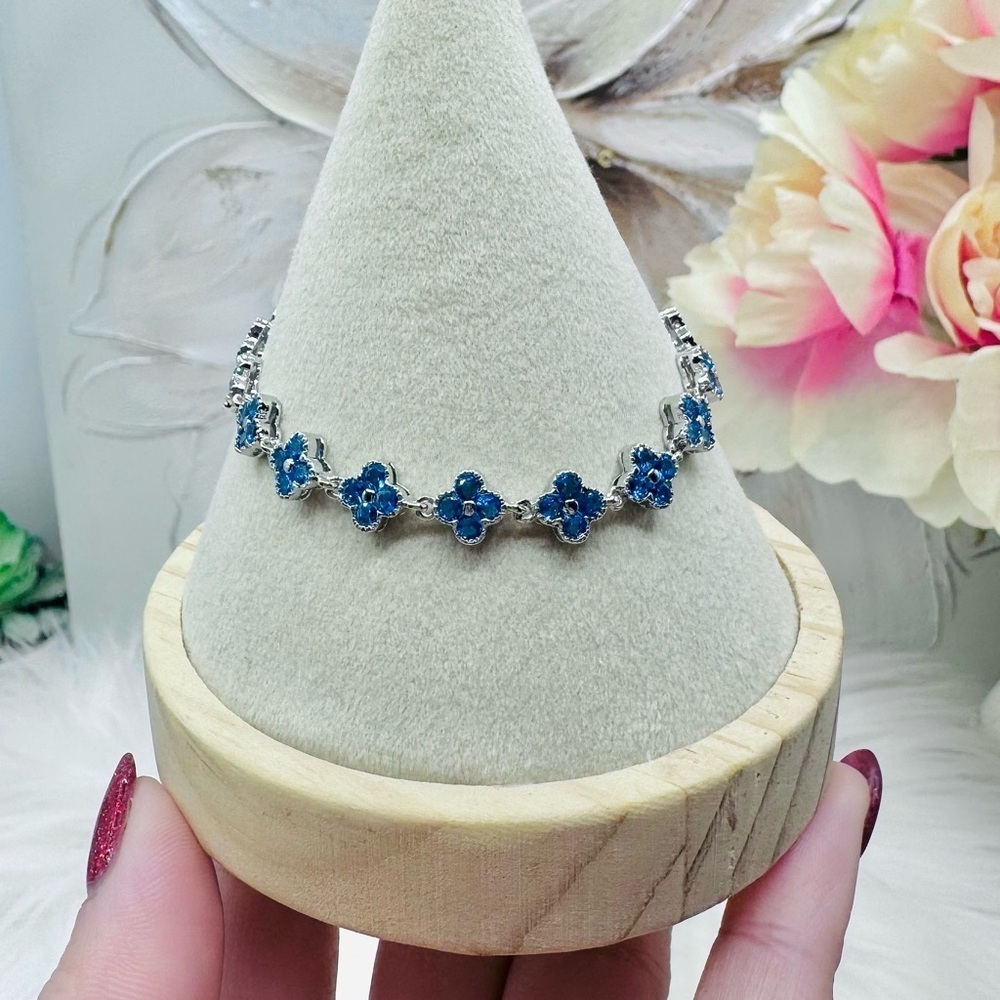 Blue Floral Sparkly Silver Plated Bracelet for small wrist